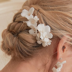 May include: A cluster of white floral hairpins with pearl accents, set in a braided hairstyle. The delicate flowers are clustered together, creating a romantic and elegant look. The hair accessory is perfect for weddings or special occasions.