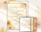 Botanical Wedding Timeline & Table Number Set | Yellow Orange Floral Canva Template (Digital Download)