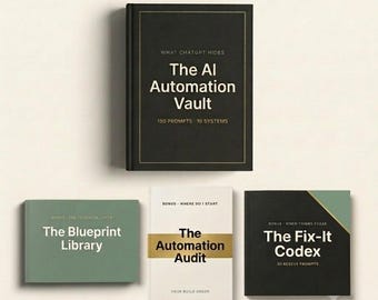 May include: A collection of four books featuring a large black hardcover titled The AI Automation Vault, a sage green book titled The Blueprint Library, a white book titled The Automation Audit, and a black book titled The Fix-It Codex.