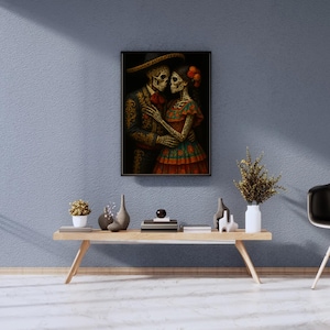 Día de los Muertos Calavera Couple Embrace – Colorful Mexican Art Print