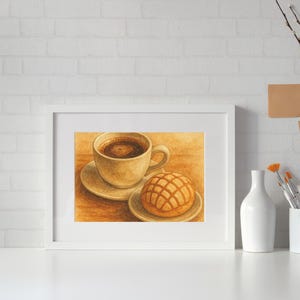 Mexican Coffee and Concha Watercolor Print – Pan Dulce Kitchen Wall Art, Cozy Cafecito Decor, Heritage Art