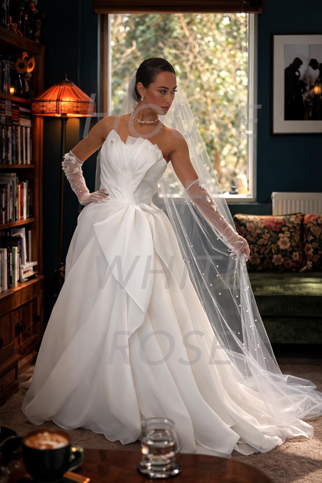 Organza Strapless Wedding Dress | Asymmetric A-line Ballgown, Minimalist Lace up Corset Back