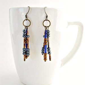 Blue and bronze beaded Industrial tassel cascade earrings.