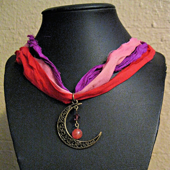 Sari silk necklace with moon pendant, Necklace for adult or teen