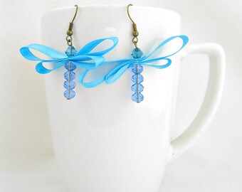 Teal dragonfly ribbon earrings with Swarovski crystals.