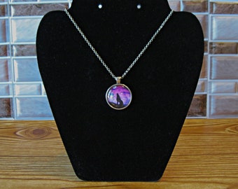 Wolf silhouette purple night sky glass dome pendant necklace for adults or teens