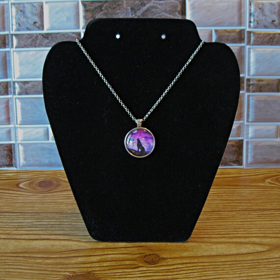 Wolf silhouette purple night sky glass dome pendant necklace for adults or teens