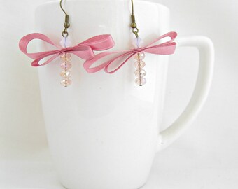 Dusty rose mauve dragonfly ribbon earrings with Swarovski crystals.