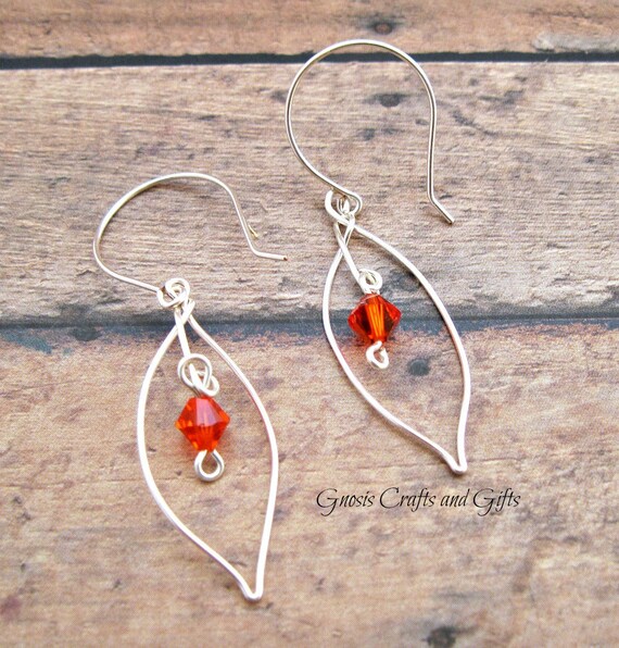 Silver-Open wire leaf earrings-Swarovski crystals-Wire wrapped jewelry-Handcrafted earrings-Boho leaf earrings-Ethnic jewelry-Industrial