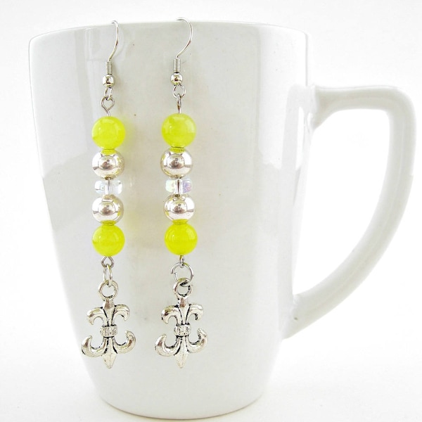 Yellow jade and silver Fleur de lis earrings