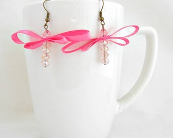 Hot pink dragonfly ribbon earrings with Swarovski crystals.