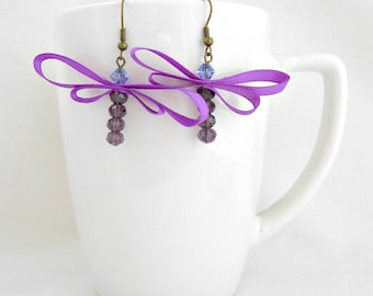 Purple dragonfly ribbon earrings with Swarovski crystals.