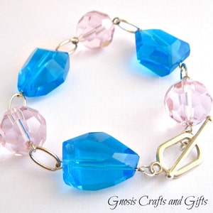 Silver- Large bead bracelet, Pink and blue, Rosary style bracelet, Chunky bead bracelet, Rustic cowgirl, Women&#39;s fashion, Bohemian bracelet