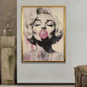 Pop Art Marilyn Monroe Canvas – Black White Portrait with Pink Bubblegum