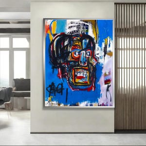 Basquiat Inspired Skull Wall Art – Abstract Expressionist Face Painting – Bold Blue Urban Canvas Print – Modern Street Art Home Decor