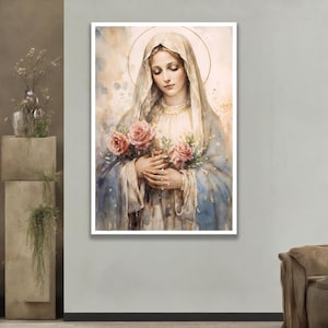 Virgin Mary Wall Art – Soft Religious Portrait with Roses Canvas Print