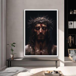Jesus Christ Crown of Thorns Wall Art – Dramatic Religious Canvas for Christian Home Decor