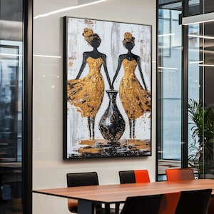 Framed African Women Art Print: Gold & Black Abstract Painting