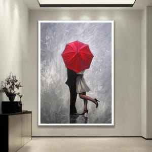 Romantic Couple Under Red Umbrella - Love Canvas Wall Art - Modern Couple Painting - Framed or Unframed Print for Bedroom Decor