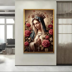 Virgin Mary with Roses Art Print - Sacred Mother Mary Wall Art - Religious Icon
