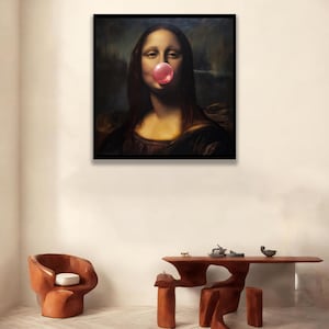 Funny Mona Lisa Wall Art, Pop Art Canvas, Modern Classic Painting, Bubblegum Portrait Print, Quirky Home Decor