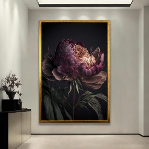 Pink Peony Flower Canvas Wall Art – Dark Background Floral Print