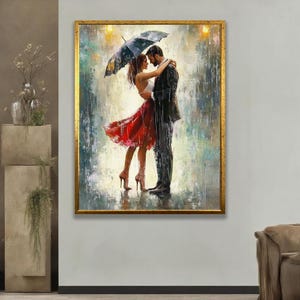 Romantic Couple Dancing in Rain - Colorful Canvas Wall Art - Love Themed Home Decor