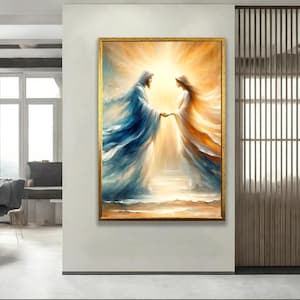 Jesus and Angel Hand in Hand Art Print - Spiritual Wall Decor - Divine Encounter