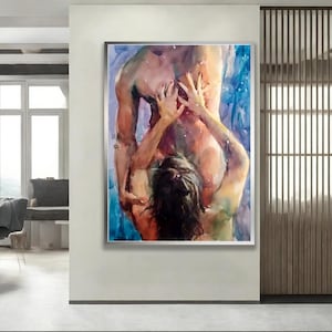 Romantic Couple Watercolor Canvas Print: Sensual Embrace - Framed Wall Art