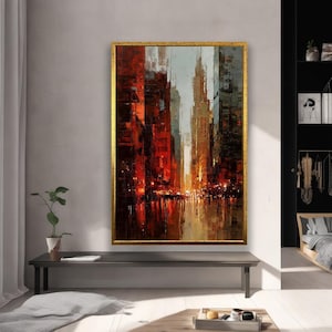 Abstract Urban Landscape - Cityscape in Red and Gold, Modern Wall Art