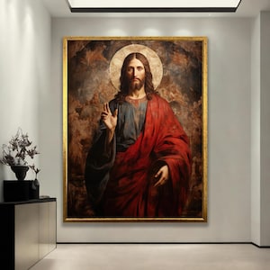 Jesus Christ Icon Canvas - Christian Religious Wall Art - Sacred Heart Home Decor