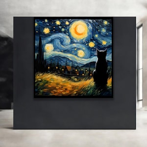 Starry Night Cat Wall Art - Van Gogh Inspired Painting - Whimsical Feline Home Decor Print