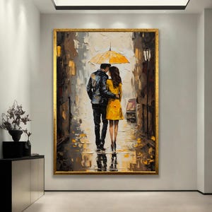 Romantic Couple Walking in Rain Wall Art – Yellow Umbrella Love Painting – Textured Modern Canvas for Bedroom or Living Room