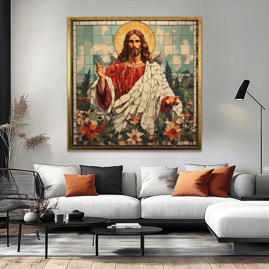 Vintage Sacred Heart Jesus Mosaic Canvas | Christian Wall Art - Etsy
