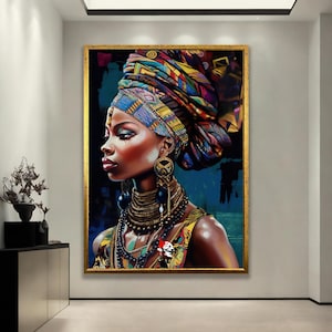 African Woman Canvas Wall Art – Bold Colorful Portrait with Tribal Headwrap and Jewelry – Afrocentric Beauty Print for Home Decor