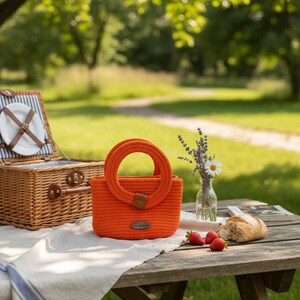 Bolsa de crochê laranja feita à mão | Bolsa feminina de macramê
