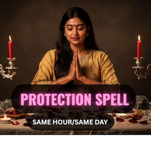 May include: An image featuring a person with hands clasped in prayer, surrounded by candles and crystals. The text "PROTECTION SPELL" and "SAME HOUR/SAME DAY" are displayed on a banner. The scene evokes a mystical or spiritual theme.