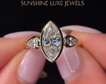 2.44 Ct Marquise Lab Grown Diamond Engagement Ring, 14K Yellow Gold Three Stone Ring