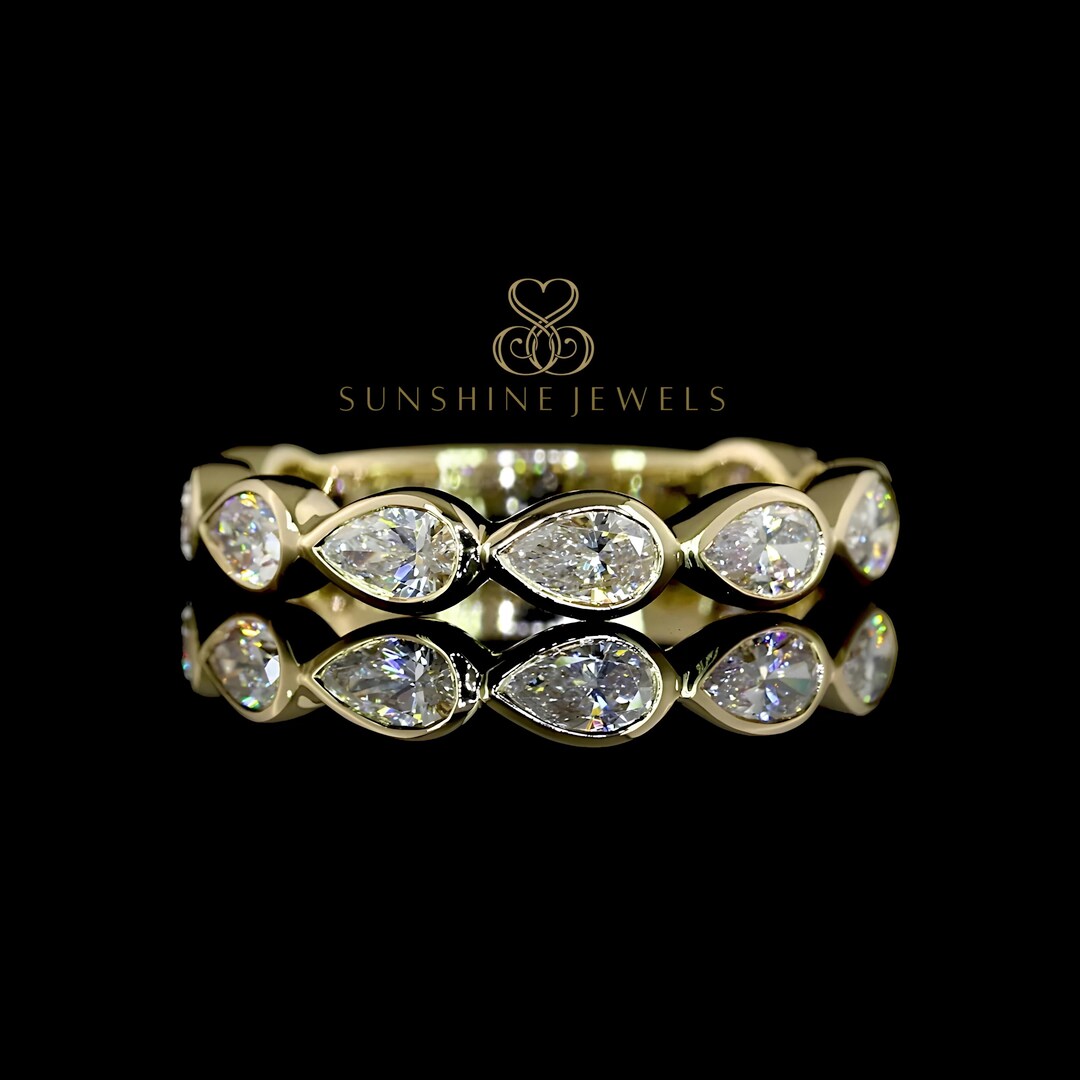 14K Yellow Gold Pear Lab Diamond Eternity Band, Teardrop Wedding Ring ...
