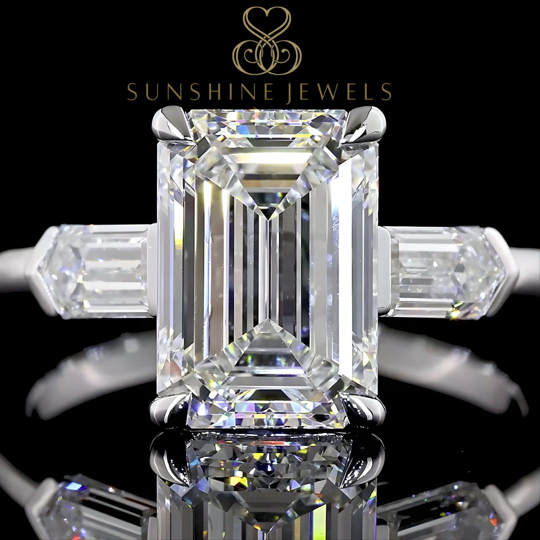 Emerald Cut 3.00 Ct Lab Grown Diamond Three Stone 14k Gold Engagement ...