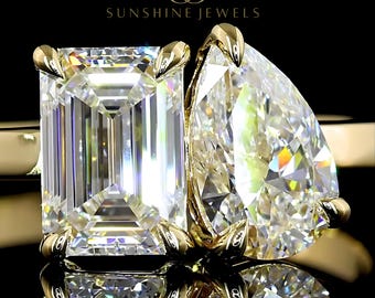 Emerald & Pear Cut Lab Grown Diamond Toi et Moi 14K Gold Ring