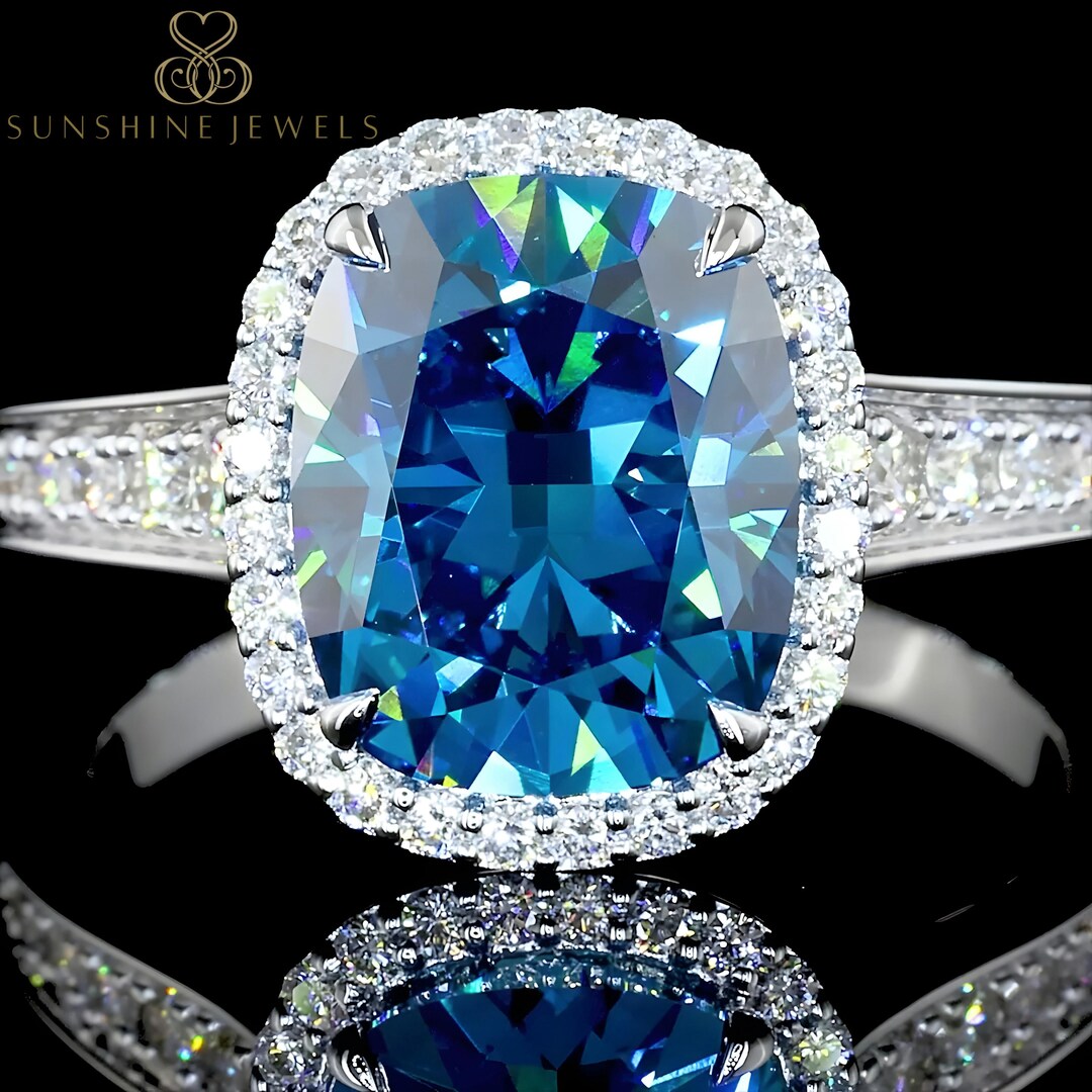 Fancy Intense Blue Lab Grown Diamond Ring. Cushion Cut 14K White Gold ...