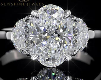 Oval Lab Grown Diamond Engagement Ring, 14K White Gold Three Stone Proposal Ring