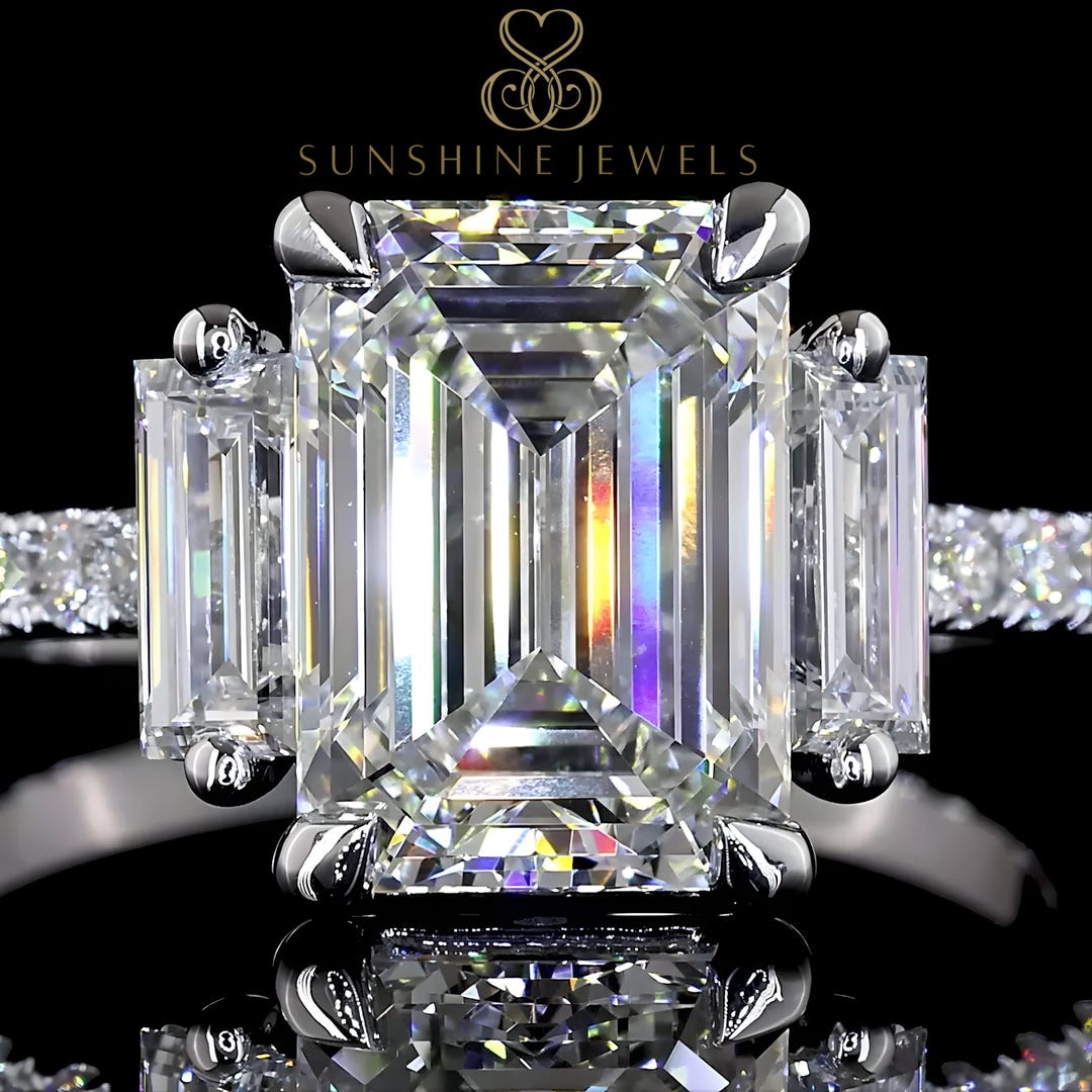 Emerald Cut 3.00 Ct Lab Grown Diamond Three Stone 14k Gold Ring - Etsy