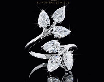 Pear Cut Lab-Grown Diamond Vine Ring, 14k White Gold Floral Leaf Ring