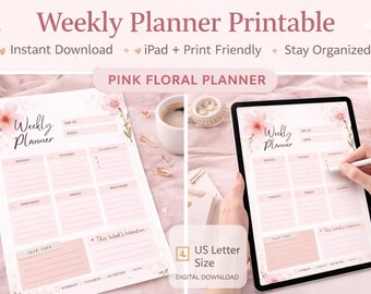 Agenda hebdomadaire floral rose à imprimer | Suivi des habitudes, soins personnels (téléchargement numérique)