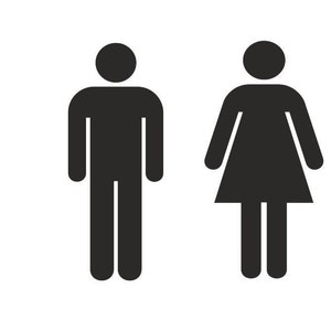 May include: Black and white silhouette icons of a person with a skirt and a person with pants.