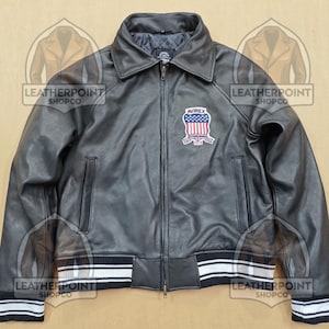 USA Leather Bomber Jacket – Vintage 90s Style – Patriotic Cowhide Leather Outerwear for Men
