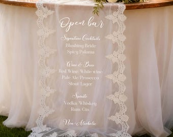 Fabric Bar Sign,Custom Lace Sheer Bar Sign, Wedding Bar Menu, Signature Cocktail & Drink Menu, Minimalist Bar, His and Hers Wedding Bar Sign