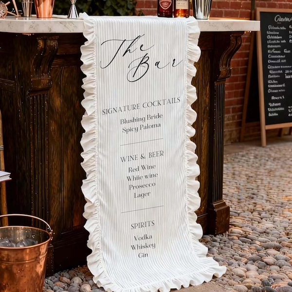 Fabric Bar Sign,Custom flower Ruffled Bar Sign,Wedding Bar Menu,Signature Cocktail & Drink Menu,Minimalist Bar,His and Her Wedding Bar Sign